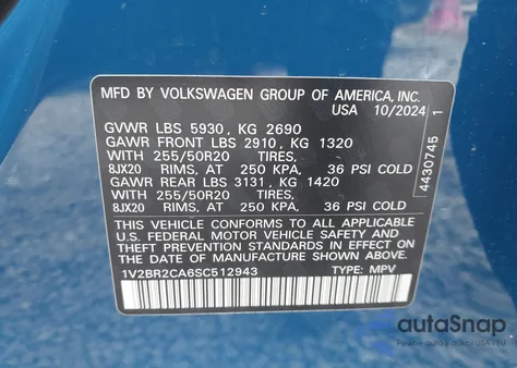 2025 Volkswagen Atlas 2.0T Sel from USA, damaged, VIN 1V2BR2CA6SC512943